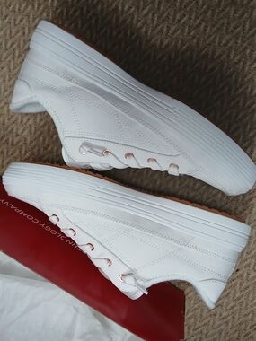 Skechers White Platform Sneakers with Rose Gold Eyelets